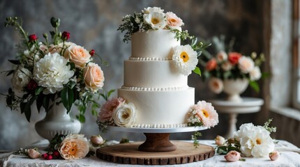 Wall Mural - Elegant three-tiered wedding cake adorned with fresh flowers surrounded by floral arrangements on wooden table