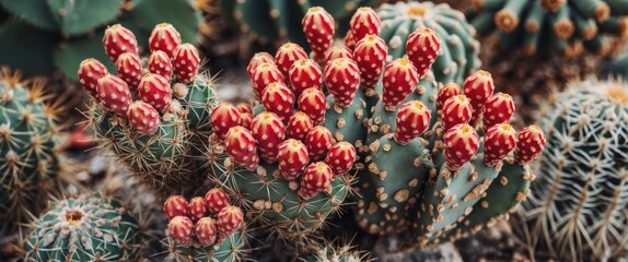 Wall Mural - Vibrant close-up of red and green cactus with unique flowering patterns and spines on textured background Copy Space