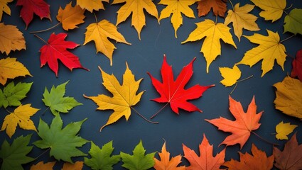 Sticker - Colorful autumn leaves arrangement on a dark background with a prominent red leaf in the center Copy Space