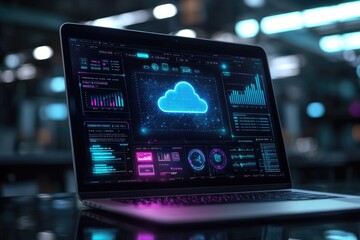 Poster - Cloud computing futuristic interface displaying data analysis on laptop screen in dark room