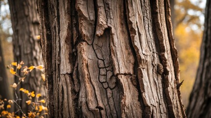 Canvas Print - Close-up of textured tree bark with cracks and crevices surrounded by autumn foliage in a forest setting Copy Space