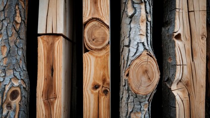 Sticker - Close-up of various types of wood textures and patterns with visible knots and bark details on a dark background Copy Space