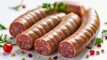 Sticker - Freshly made sausages on white background with herbs and spices for a food presentation Copy Space