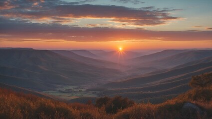 Wall Mural - Sunset over rolling hills and valleys with vibrant colors and dramatic clouds in the sky Copy Space