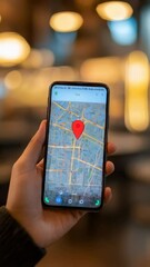 Poster - Tourist navigating location on smartphone using online map application, revealing restaurant background with soft bokeh in slow motion