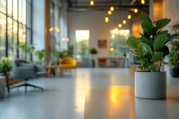Poster - Potted plant illuminating modern office space with warm sunset light