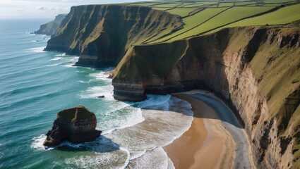 Sticker - Coastal cliff landscape with sandy beach and rocky formations under clear blue sky with visible waves on the water Copy Space