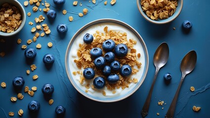 Canvas Print - Blueberry yogurt bowl with granola and scattered blueberries on a blue background with silver spoons and bowls, featuring copy space.