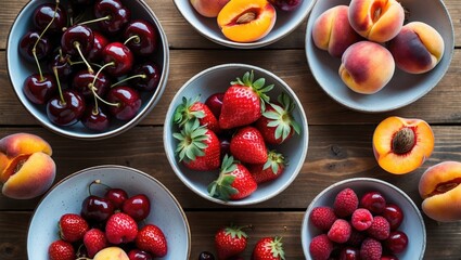 Canvas Print - Fresh assorted fruits in bowls including cherries strawberries raspberries and peaches on wooden table with copy space