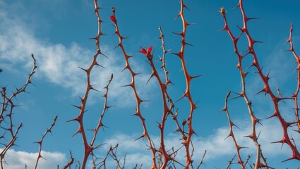 Canvas Print - Thorny branches with vibrant red flowers against a clear blue sky natural landscape with copy space.