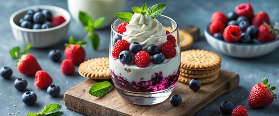 Canvas Print - Fresh berry parfait with yogurt, whipped cream, and cookies on wooden board surrounded by strawberries, blueberries, and raspberries with mint leaves.