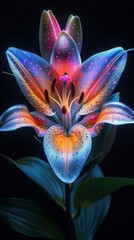 Poster - Brightly illuminated flower showcasing vibrant colors under dark background with vivid patterns and textures