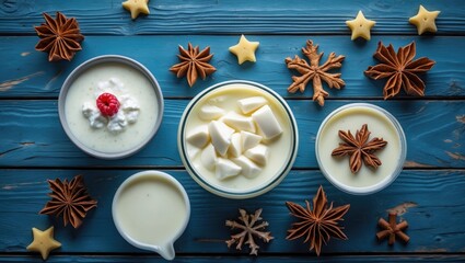 Canvas Print - Assorted dairy desserts in bowls with spices and star decorations on a blue wooden background Copy Space