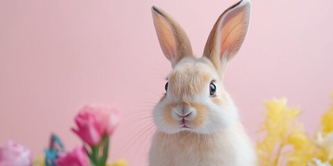 Sticker - A rabbit is standing in front of a pink background with flowers. The rabbit is looking at the camera with a curious expression