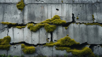 Canvas Print - Moss covered cracked concrete wall texture with green growth and weathered surface details Copy Space