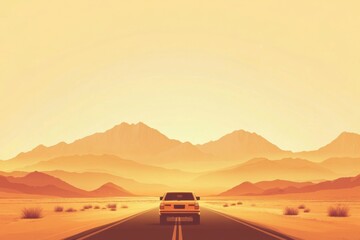 Poster - Car drives along a warm desert road with distant mountains under an orange sky. Generative AI