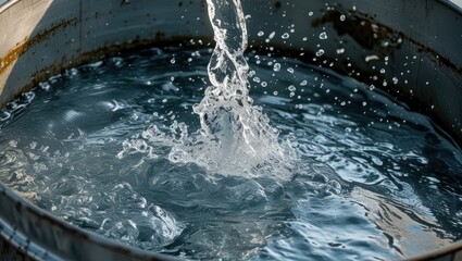 Canvas Print - Water splashing into a metal barrel creating ripples and droplets with clear and fresh water in a well-lit environment Copy Space