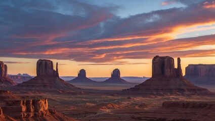 Wall Mural - Monument Valley landscape during sunset with dramatic clouds and rock formations in a desert setting Copy Space