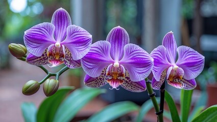 Wall Mural - Colorful purple orchids in bloom with green leaves in a natural indoor setting showcasing intricate petal patterns and details Copy Space