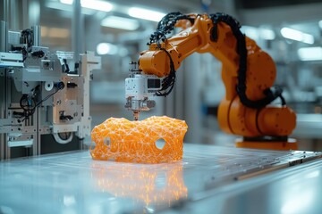 Fototapete - Robotic arm creating intricate 3d printed object in modern factory