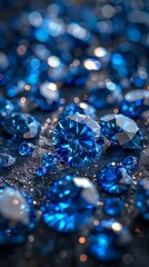 Poster - Beautiful collection of shimmering blue gemstones scattered on a dark surface with sparkling reflections