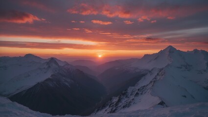 Wall Mural - Majestic mountain landscape at sunset with snow-capped peaks and vibrant clouds in the sky Copy Space