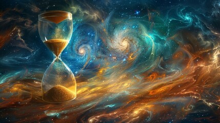 Poster - cosmic hourglass surrounded by colorful galaxies and swirling nebulas at the edge of the universe