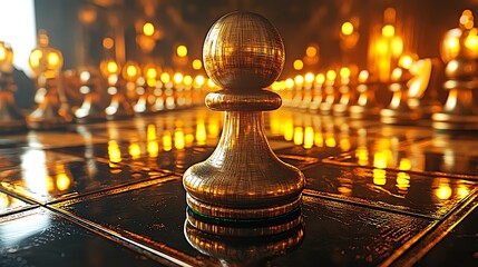 Wall Mural - Golden Chess Pawn on Reflective Chessboard with Warm Ambient Lighting