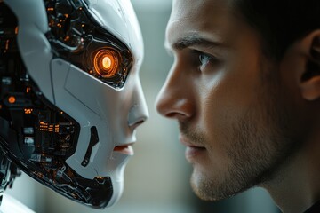 Poster - Engineer observing humanoid robot's face close up, artificial intelligence concept