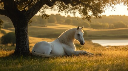 Wall Mural - white horse resting under a tree at sunset near a lake