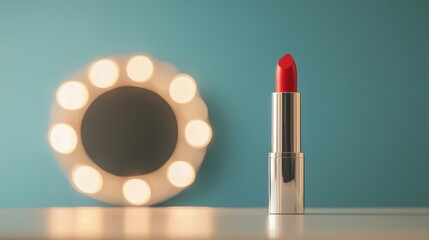 Poster - Bold Red Lipstick Next to a Shiny Mirror with Soft Light Background