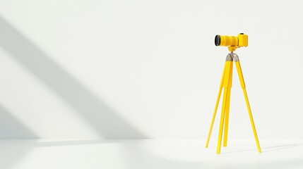 Aufkleber - Bright Yellow Camera on Tripod Against Simple White Background Showcasing Creative Photography Setup and Minimalist Design