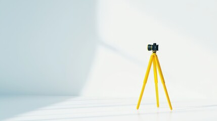 Aufkleber - Bright Yellow Camera on Tripod Against Simple White Background for Photography or Artsy Project