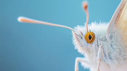 Poster - Close-up of Delicate Butterfly Antennae and Face Displaying Intricate Detail Against Soft Blue Background
