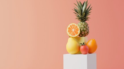 Poster - Bold and Modern Collection of Colorful Fruit Sculptures on Minimalist Pedestal Against Soft Pastel Background