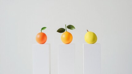 Poster - Modern Bold Fruit Sculptures Arrangement on Minimalist Display Stands for Artistic Showcase