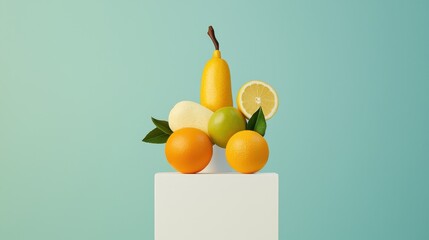 Poster - Bold and Modern Collection of Fruit Sculptures on Minimalist Display with Soft Colors