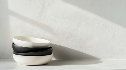 Poster - Elegant Collection of Sleek Black and White Ceramic Dishes Stacked Stylishly Against a Minimalist Background