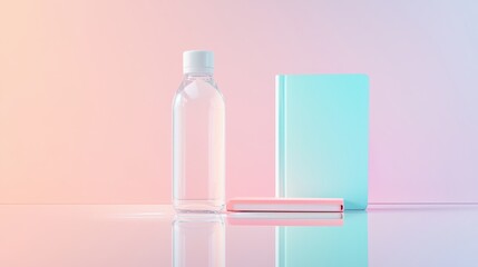 Poster - Crystal Clear Water Bottle with Geometric Design on a Soft Pastel Background and Reflective Surface