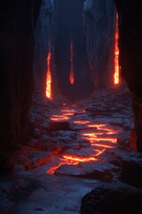 Wall Mural - Lava cave path Molten rock flows down walls in volcanic landscape scenery