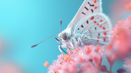 Poster - Vibrant Close-Up View of Butterfly with Unfurled Proboscis on Delicate Pink Flowers in Stunning Macro Photography