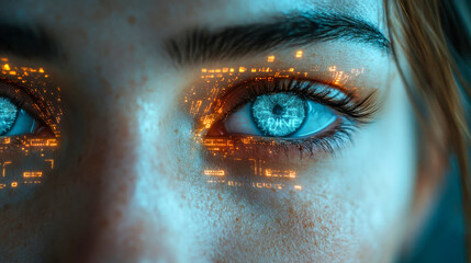 Poster - A futuristic close-up of a woman eye displaying digital data and holographic interface, glowing in blue and orange