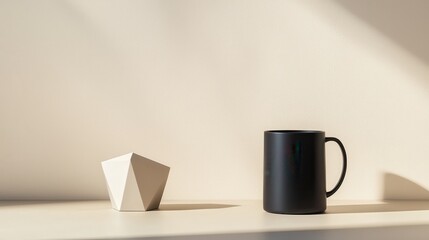 Poster - Geometric Metal Sculpture and Matte Black Mug on Minimalist Shelf Against Neutral Background