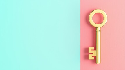 Poster - Minimalistic Modern Gold Plated Key on Soft Pastel Background, Stylish and Elegant Design for Creative Projects