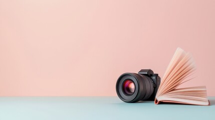 Poster - High-End Camera Lens Next to Half-Opened Book on Pastel Background for Creative Photography Concept