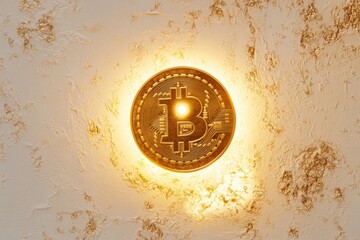 Poster - Golden Bitcoin coin radiating light on textured backdrop, symbolizing digital finance evolution and investment opportunities, harnessing blockchain technology for secure financial transactions.