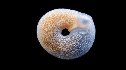 Poster - Extreme Close-Up of a Tiny Snail Shell Showcasing Intricate Spiral Patterns and Textures on a Black Background