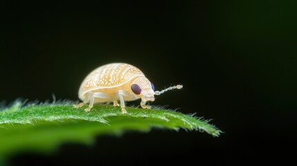 Poster - Macro Shot of a Tiny Ladybug Resting on a Leaf with Vibrant Green Background