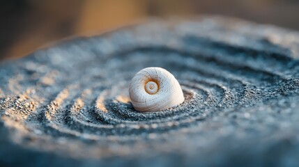 Poster - Macro Shot of a Tiny Snail Shell Displaying Beautiful Spiral Patterns on a Textured Surface