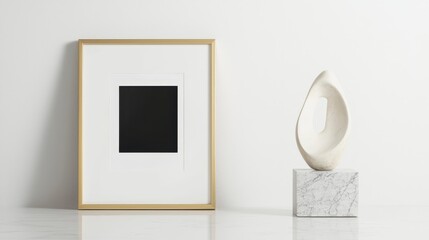 Poster - Minimalist Gold Frame Displaying Black and White Art with Elegant Marble Sculpture Accents